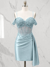 Sweetheart Sheer Corset Mini Dress with Cascading Side Drape Homecoming Dresses