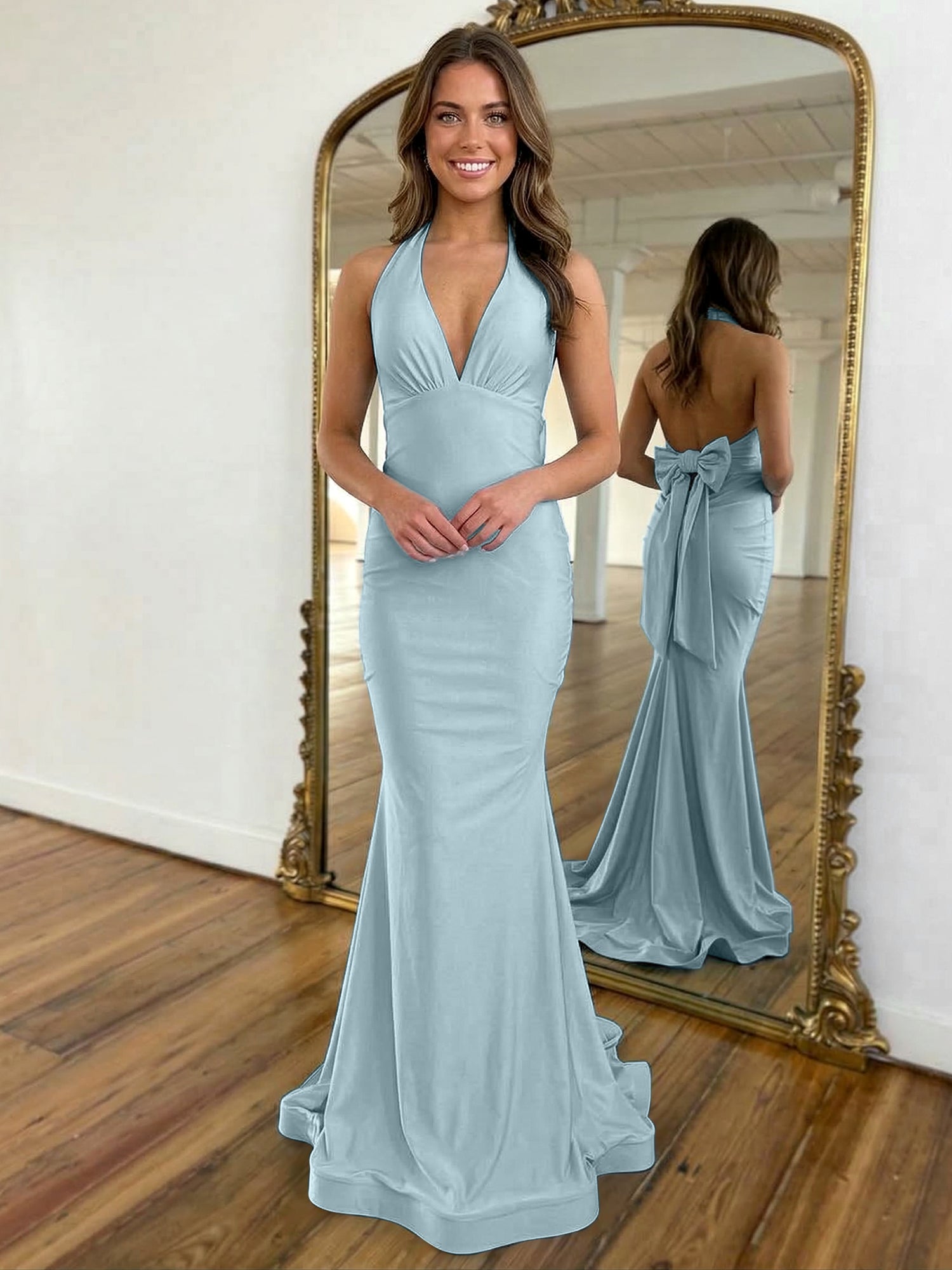 Light Blue Mermaid Halter Backless Long Prom Dress