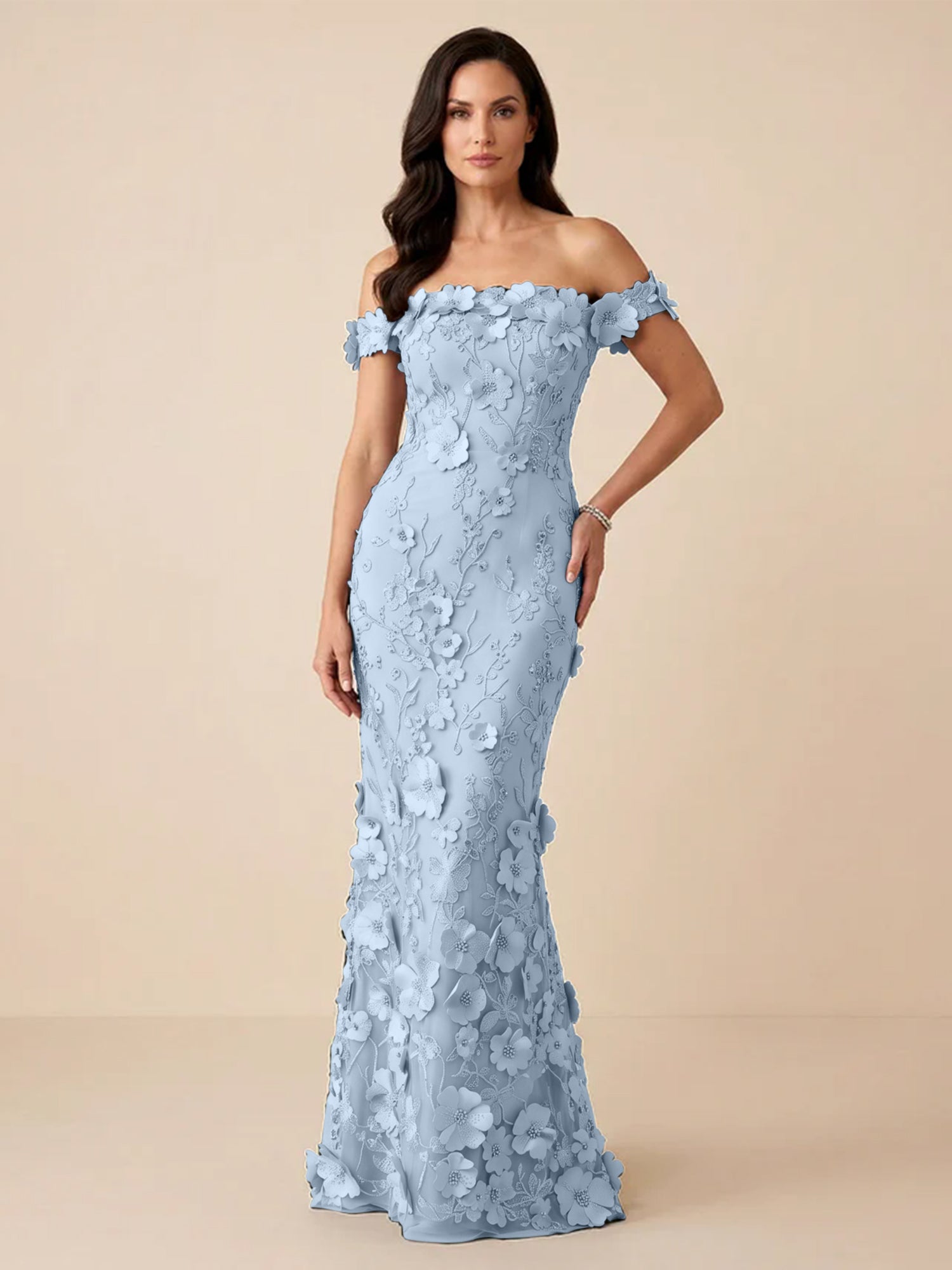 Black Off-the-Shoulder 3D Floral Mermaid Formal Gown Evening Dress