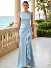 Dusty Blue Scoop Neck Evening Dress with Ruffle Mermaid Maxi Dress