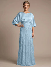 Bateau Neck Satin Evening Gown with 3/4 Batwing Sleeves Mother of The Bride Dresses