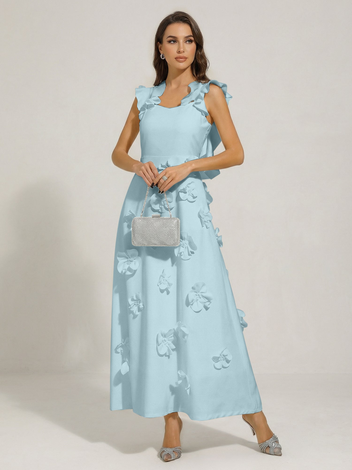 Chic White 3D Flowers A-Line Floor Length Stretch Crepe Dress with Pockets Maxi Dress