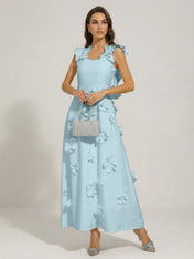 Chic White 3D Flowers A-Line Floor Length Stretch Crepe Dress with Pockets Maxi Dress