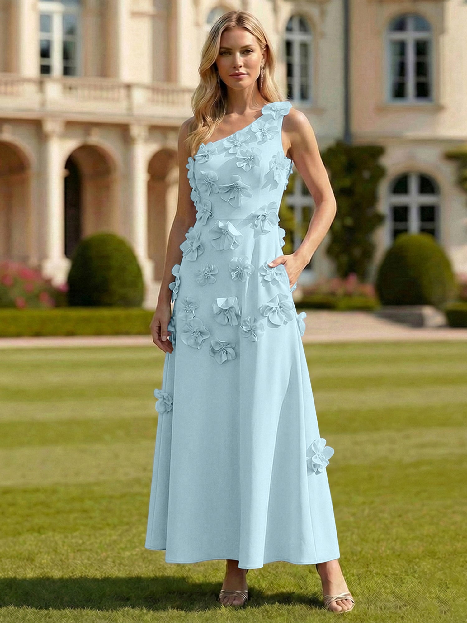 A Line One Shoulder Sleeveless Floor Length Stretch Crepe Dress With 3D Flowers
