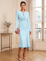 Dusty Rose Long Sleeve Ruched Midi Dress Formal Evening Gown