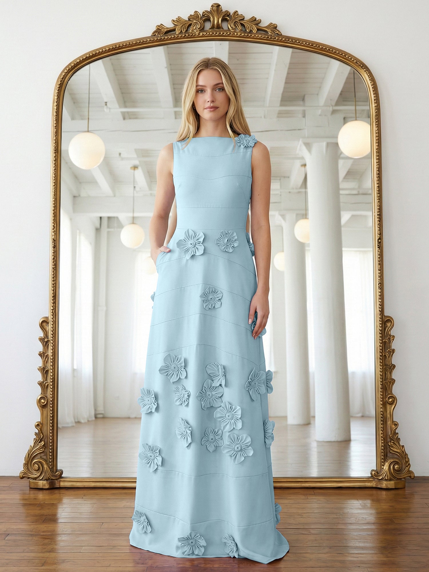 Lavender Boat Neck Formal Gown with Cascading 3D Flowers