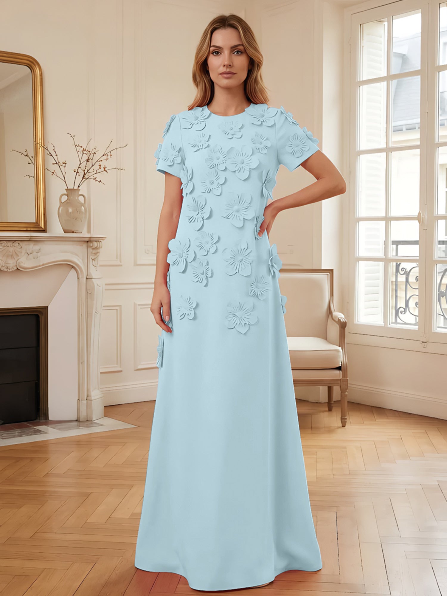 Short Sleeve Crew Neck A-Line Gown with 3D Floral Appliques Evening Dresses