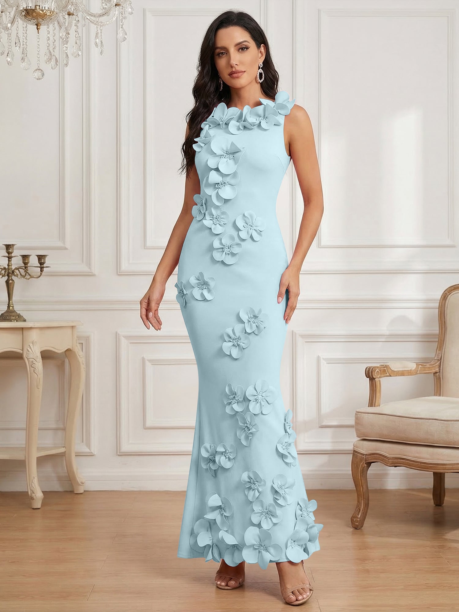 Romantic Pink Sleeveless 3D Floral Mermaid Gown