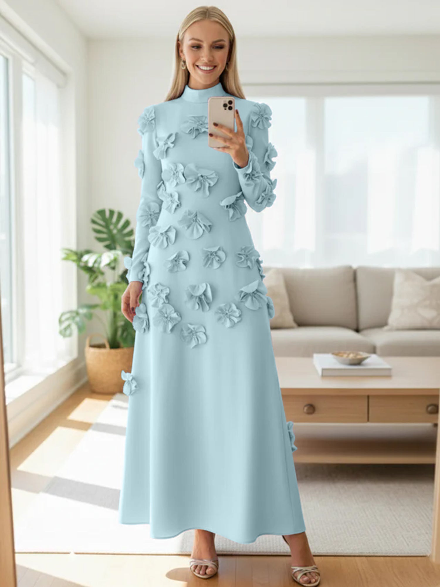 A Line High Neck Long Sleeves Floor Length Stretch Crepe Dress With 3D Flowers