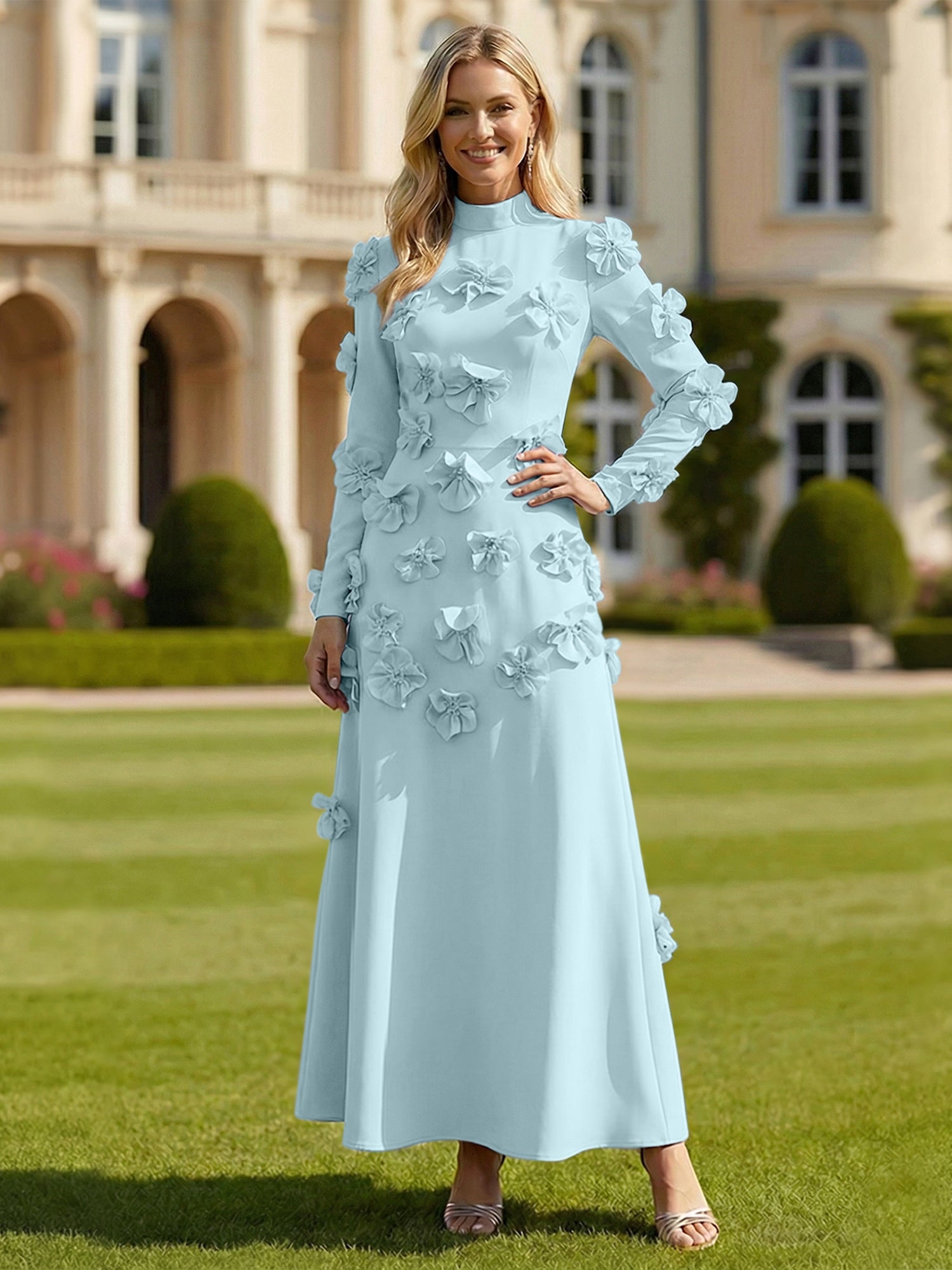 A Line High Neck Long Sleeves Stretch Crepe Dress With 3D Flowers