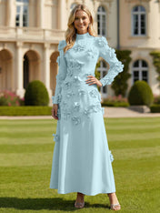 A Line High Neck Long Sleeves Stretch Crepe Dress With 3D Flowers