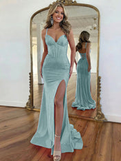 Hot Pink Lace-Up Back Corset Shimmer Prom Dresses with Slit