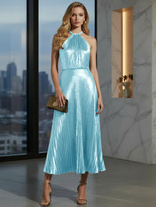 Luxurious Champagne-Gold Pleated Halter Midi Prom Dress