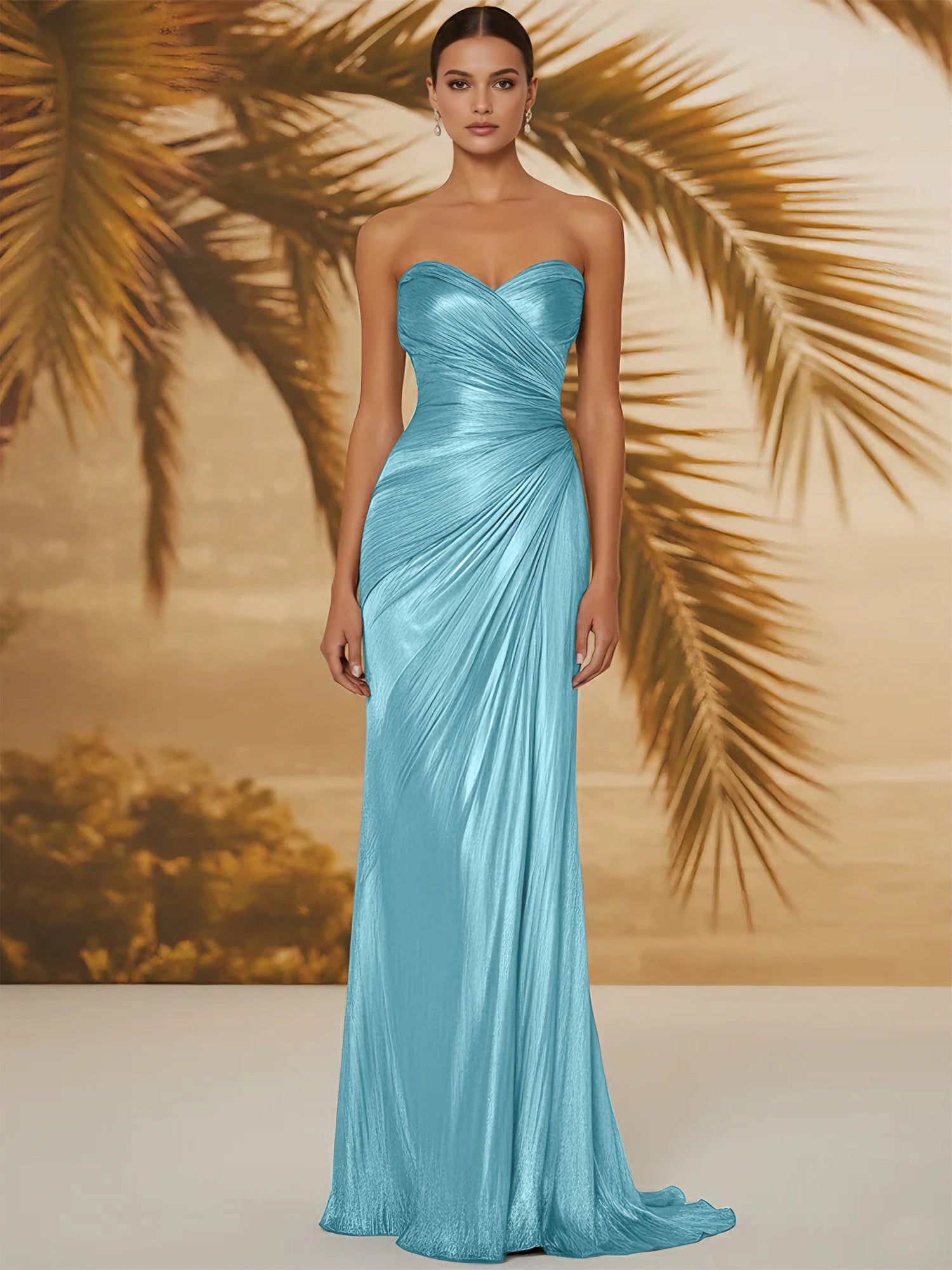 Evening Formal Dress V Neck Silk Ruffles Strapless Maxi Dress