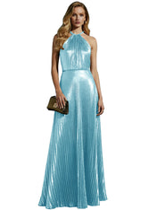 Luxurious Champagne-Gold Pleated Halter Long Prom Dress