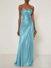 Evening Formal Dress V Neck Silver Silk Ruffles Strapless Maxi Dress