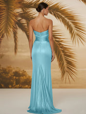 Evening Formal Dress V Neck Silk Ruffles Strapless Maxi Dress