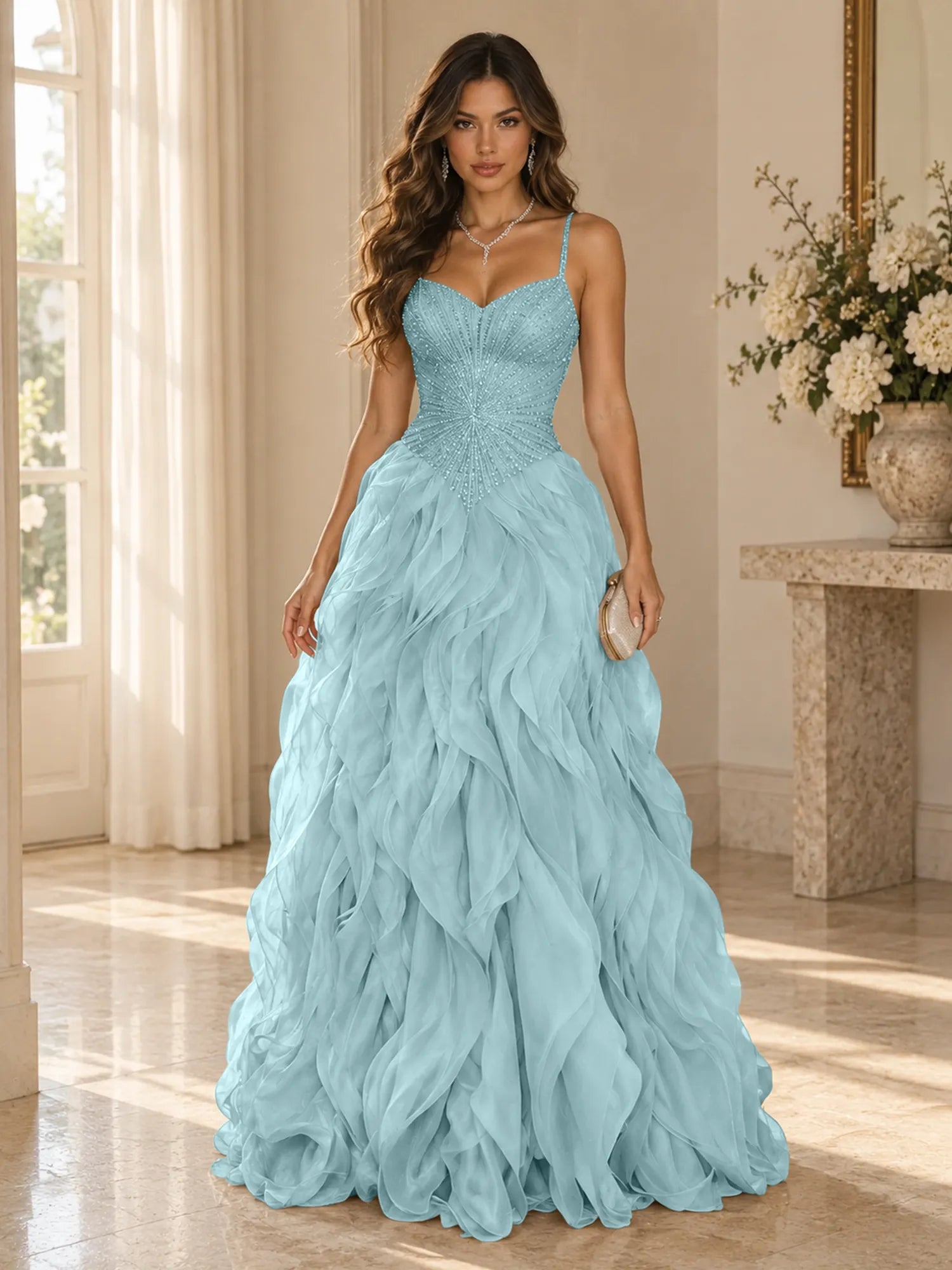 Elegant Beaded Spaghetti Strap Tiered Ruffle Ball Gown Evening Dress