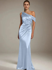 Formal Party Satin Dress Silver One-Shoulder Pleated  Floor-Length Dress