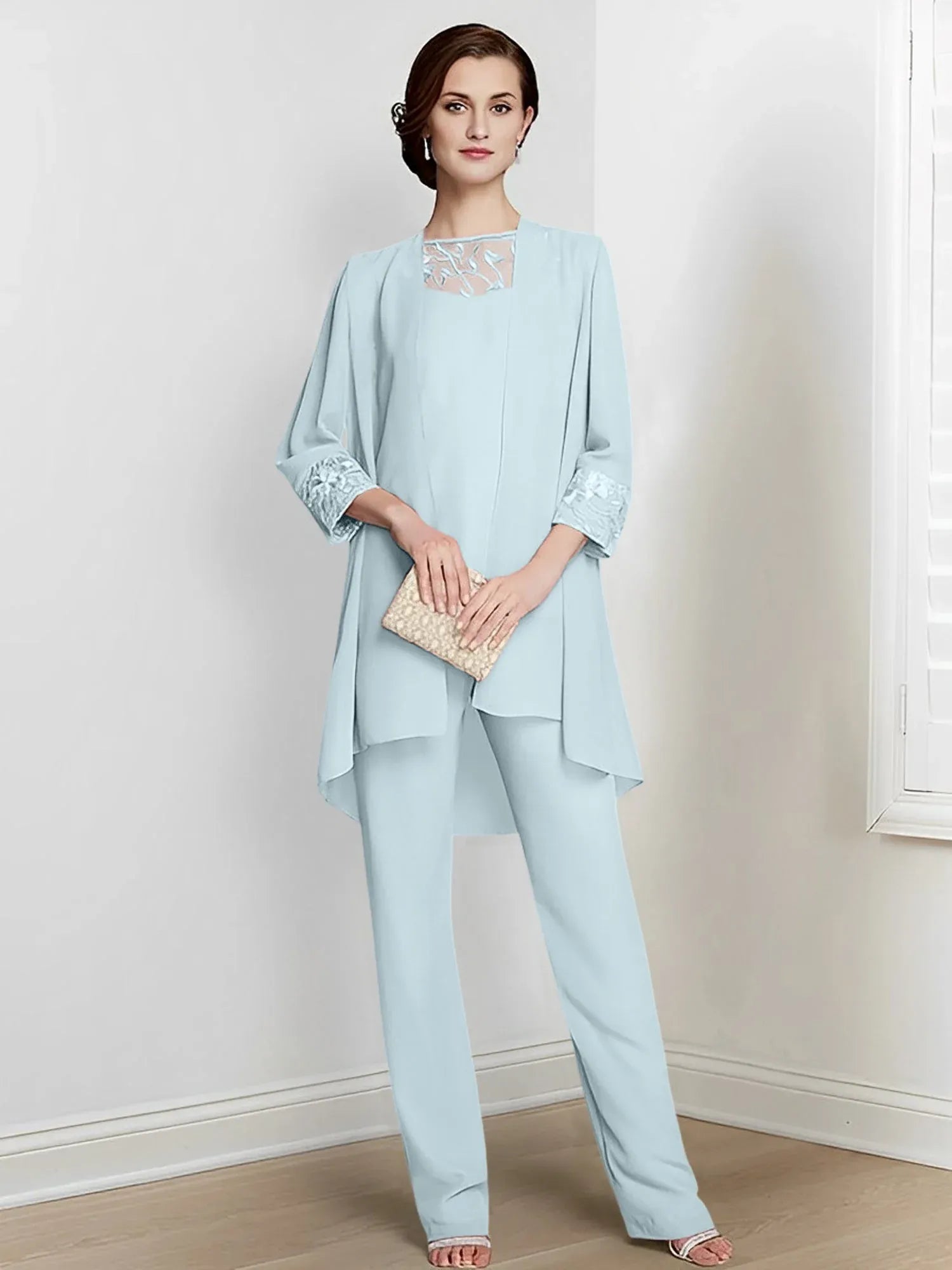 Tailleur-pantalon en mousseline à manches longues pour mère de la mariée avec veste 