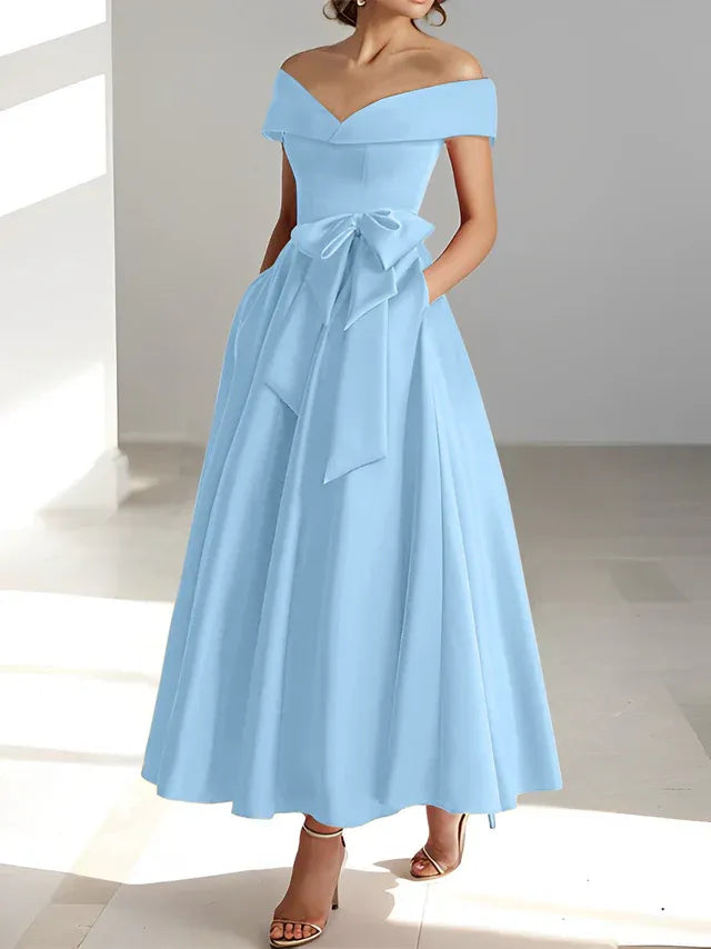 Princess Off-the-Shoulder Sleeveless Ankle-Length Mother of the Bride Dresses with Pockets