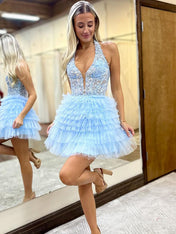 Light Blue A-Line Halter Neck Short Tulle Homecoming Dress with Appliques
