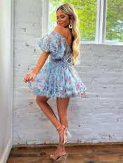 Light Blue A-Line Off The Shoulder Short Tulle Print Homecoming Dress