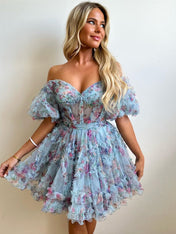 Light Blue A-Line Off The Shoulder Short Tulle Print Homecoming Dress