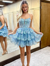 Light Blue A-Line Spaghetti Straps Homecoming Dress with Sequin