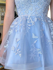 Light Blue A-Line Spaghetti Straps Lace Up Tulle Homecoming Dress