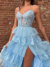 Light Blue A-Line Spaghetti Straps Long Tulle Prom Dress with Appliques