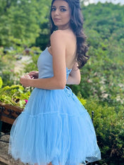 Light Blue A-Line Strapless Lace-Up Tulle Homecoming Dress