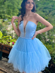 Light Blue A-Line Strapless Lace-Up Tulle Homecoming Dress