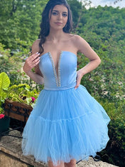 Light Blue A-Line Strapless Lace-Up Tulle Homecoming Dress