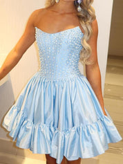 Pink A Line Strapless Pearls Short Homecoming Dress with Ruffles