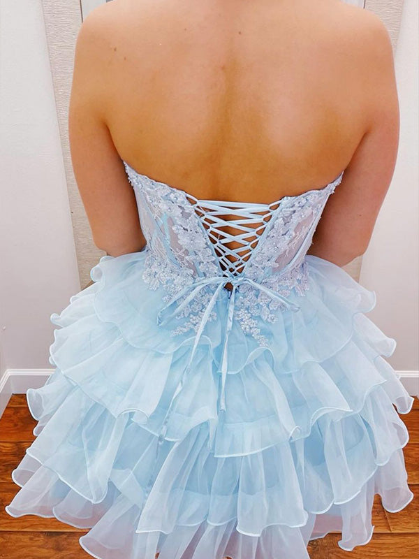 Dreamylily Women Light Blue A-Line Sweetheart Lace Up Short Tiered Tulle  Homecoming Dress