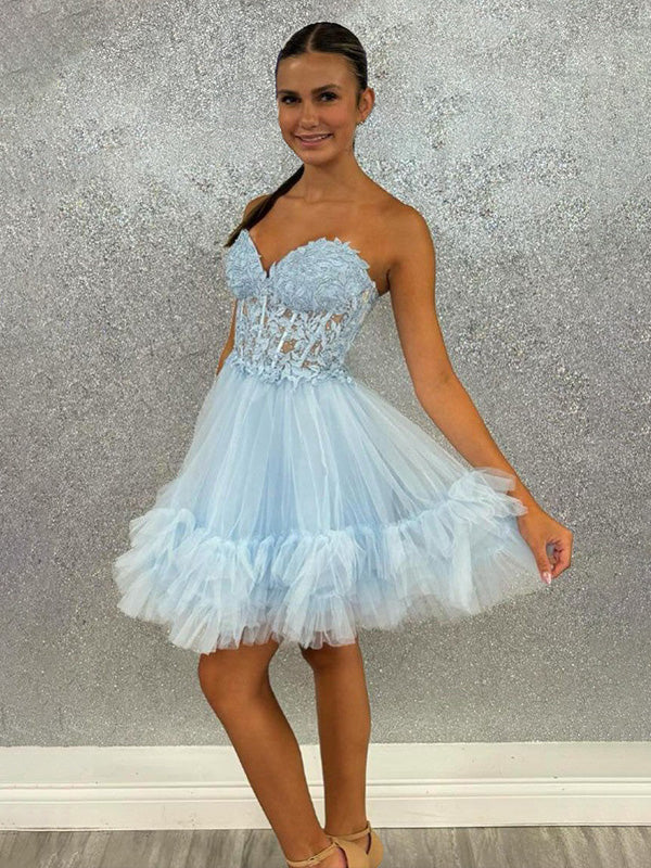 Light Blue A-Line Sweetheart Lace Up Short Tulle Homecoming Dress