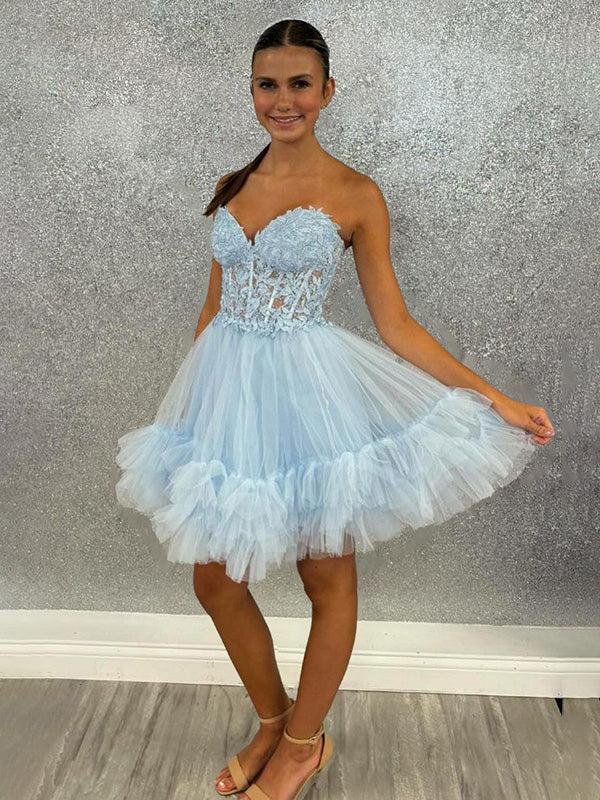 Light Blue A-Line Sweetheart Lace Up Short Tulle Homecoming Dress