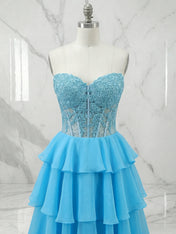 A-Line Sweetheart Long Tiered Prom Dress with Slit