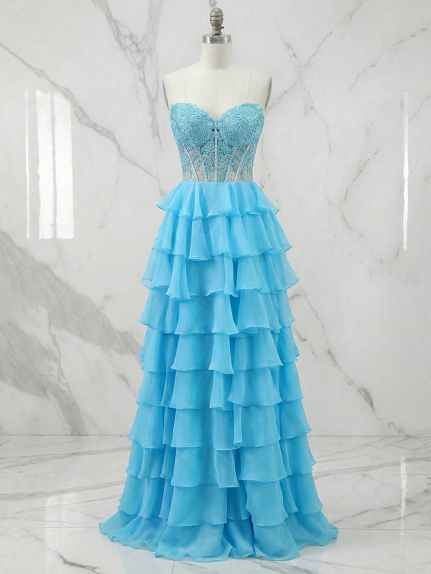 A-Line Sweetheart Long Tiered Prom Dress with Slit