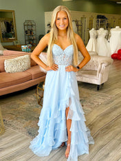 Light Blue A Line Strapless Appliques Corset Prom Dress with Ruffle Skirt
