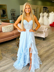 Light Blue A Line Strapless Appliques Corset Prom Dress with Ruffle Skirt