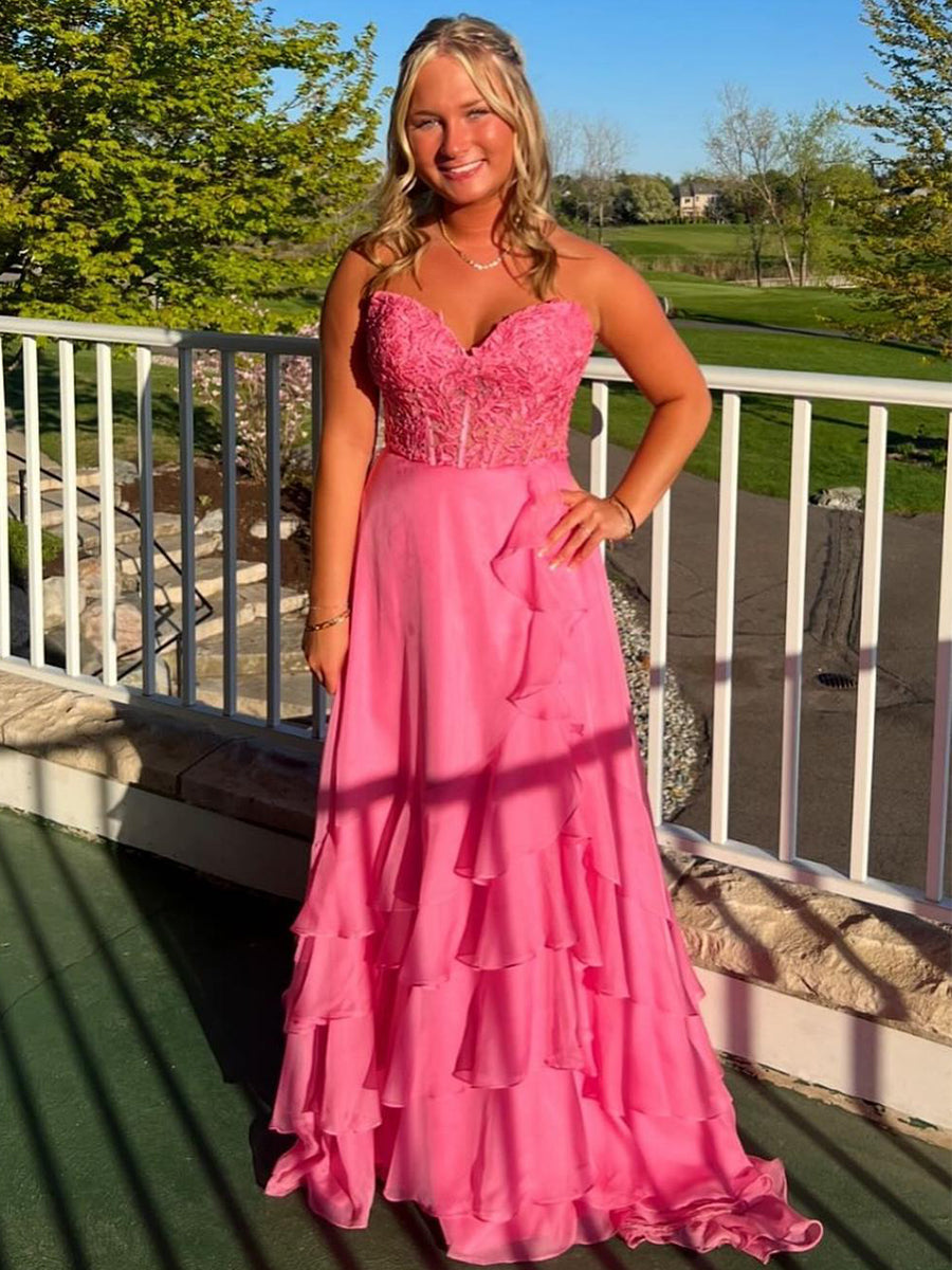 Light Blue A Line Strapless Appliques Corset Prom Dress with Ruffle Skirt