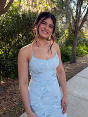 Light Blue Floral Embroidered Spaghetti Strap Prom Dress