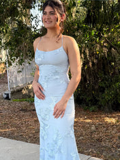 Light Blue Floral Embroidered Spaghetti Strap Prom Dress