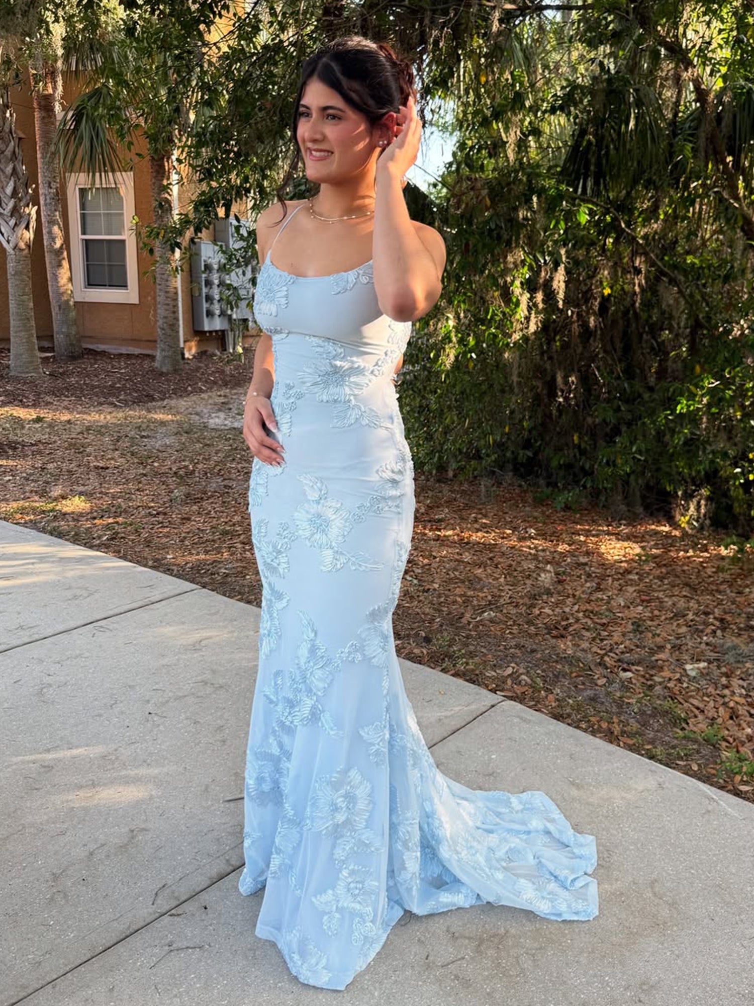 Light Blue Floral Embroidered Spaghetti Strap Prom Dress