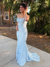 Light Blue Floral Embroidered Spaghetti Strap Prom Dress