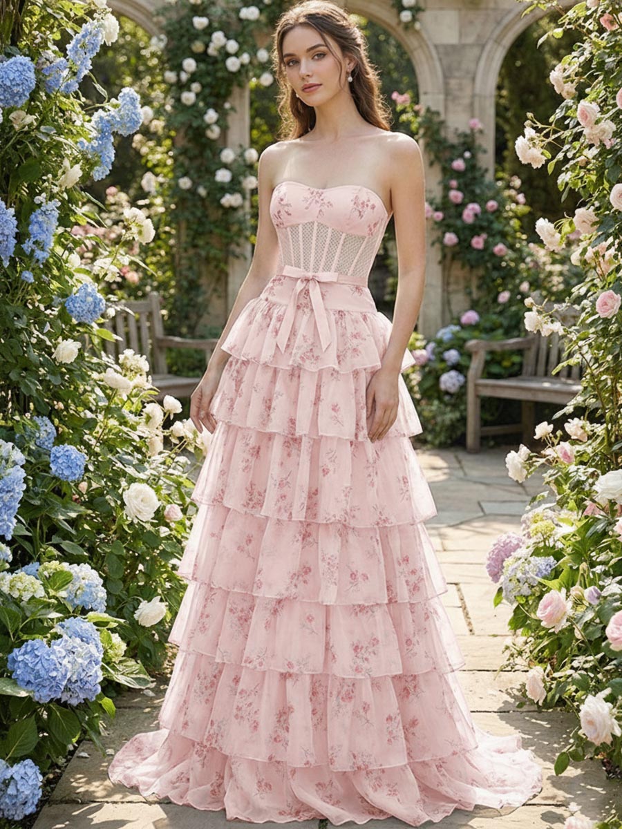 Light Blue Floral Strapless Tiered Corset Prom Dress