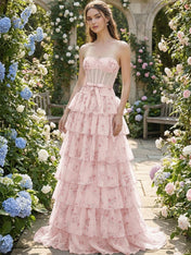 Light Blue Floral Strapless Tiered Corset Prom Dress