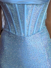 Light Blue Glitter Detail Cinched Bodice Prom Dress with Thigh-High Slit